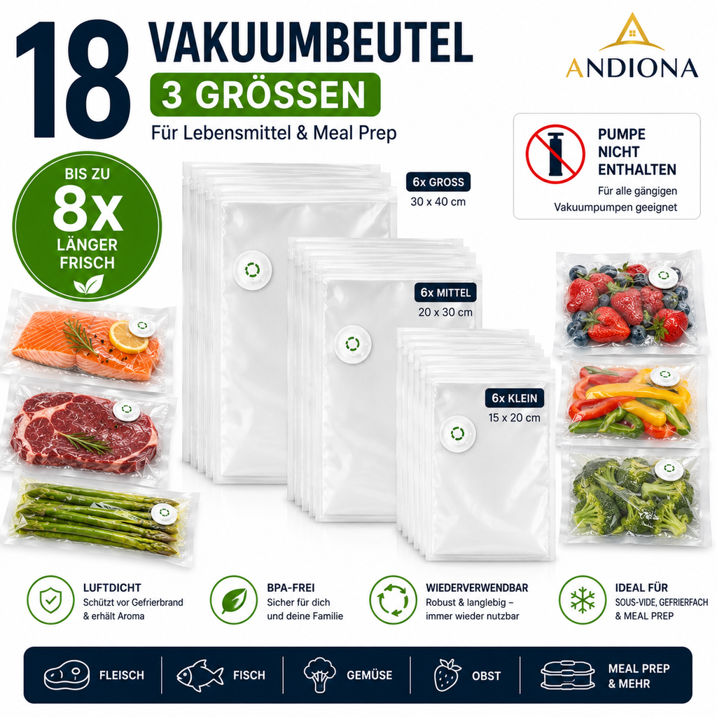 Andiona® Vakuum-Beutel Set mit Akku-Pumpe
