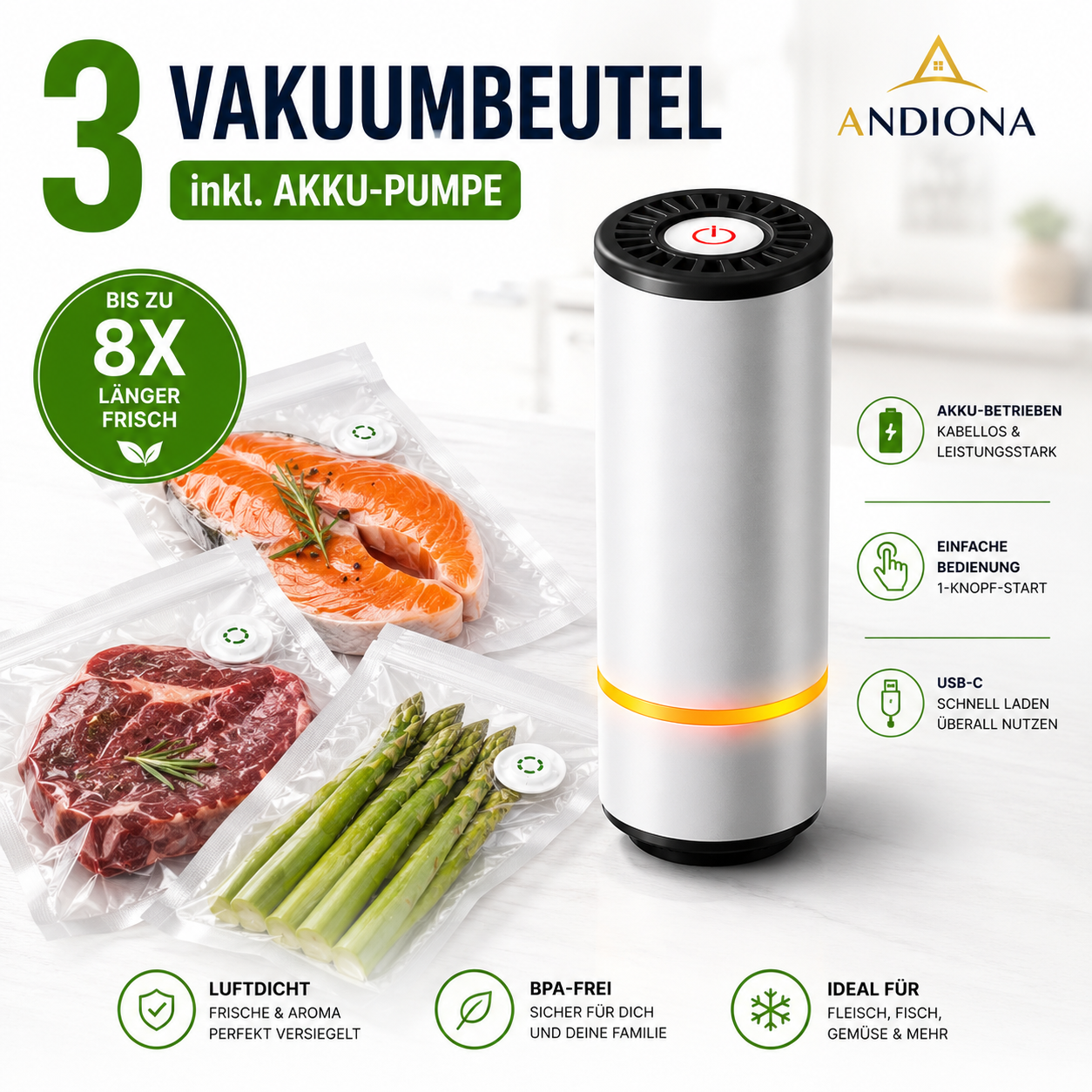 Andiona® Vakuum-Beutel Set mit Akku-Pumpe
