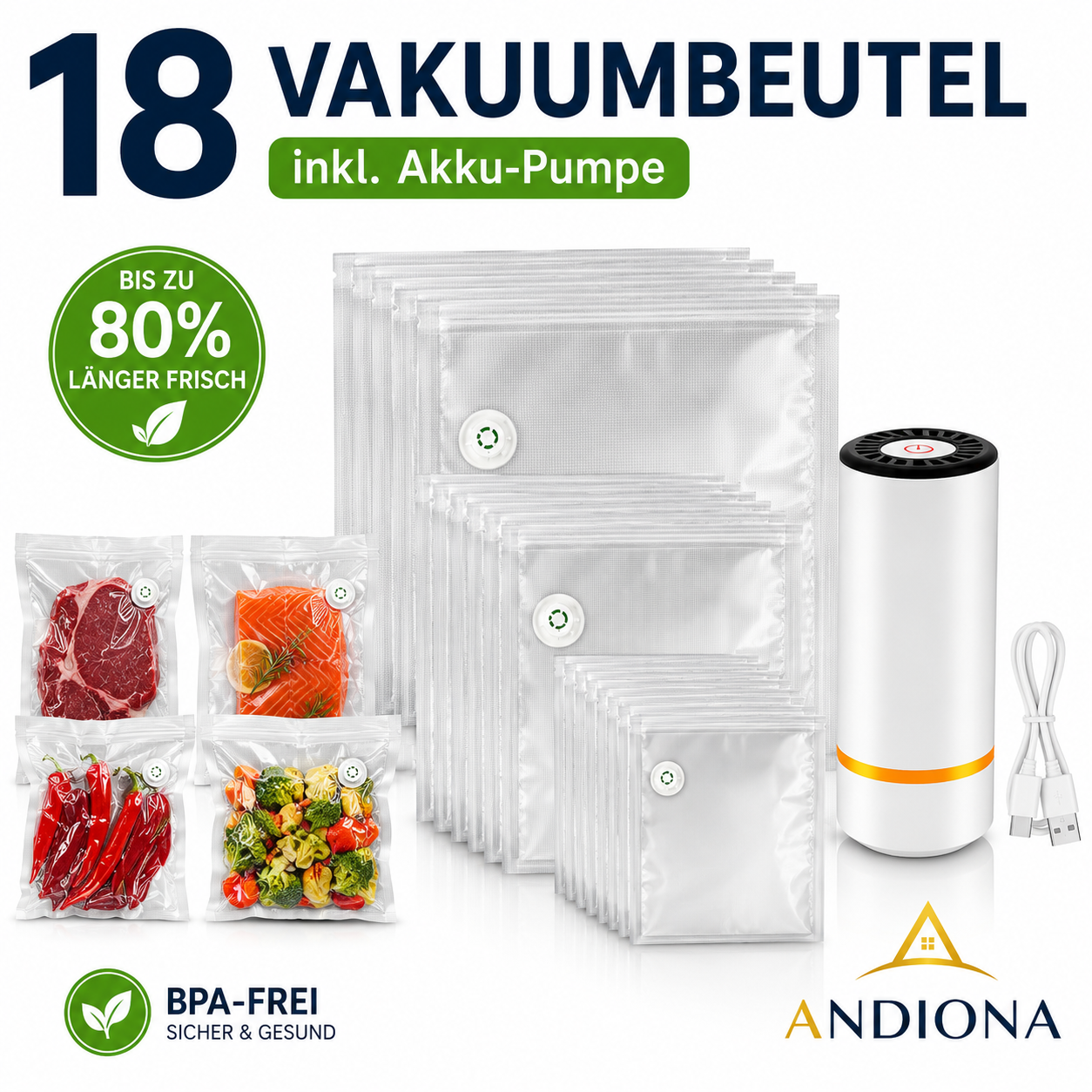Andiona® Vakuum-Beutel Set mit Akku-Pumpe