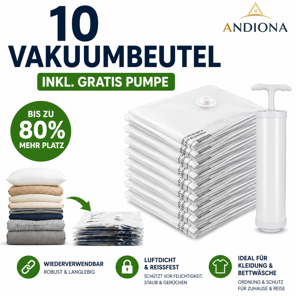Andiona® Vakuumbeutel Set mit Handpumpe für Kleidung & Bettdecken