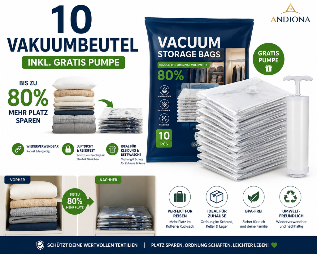 Andiona® Vakuumbeutel Set mit Handpumpe für Kleidung & Bettdecken