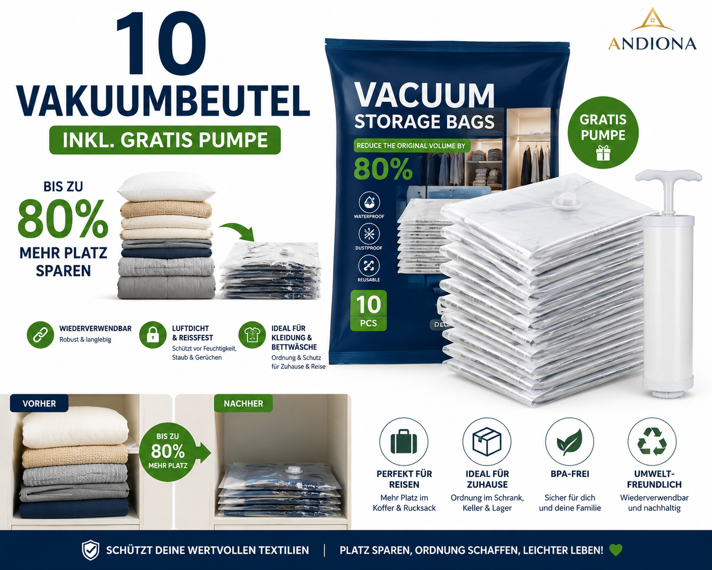 Andiona® Vakuumbeutel Set mit Handpumpe für Kleidung & Bettdecken