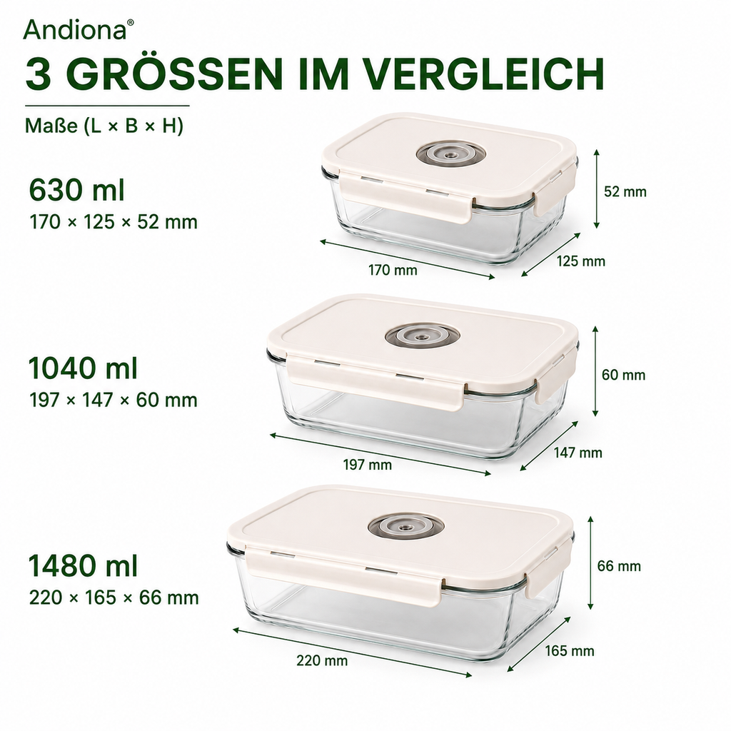 Andiona 3er Set rechteckig – Maße 630, 1040 und 1480 ml