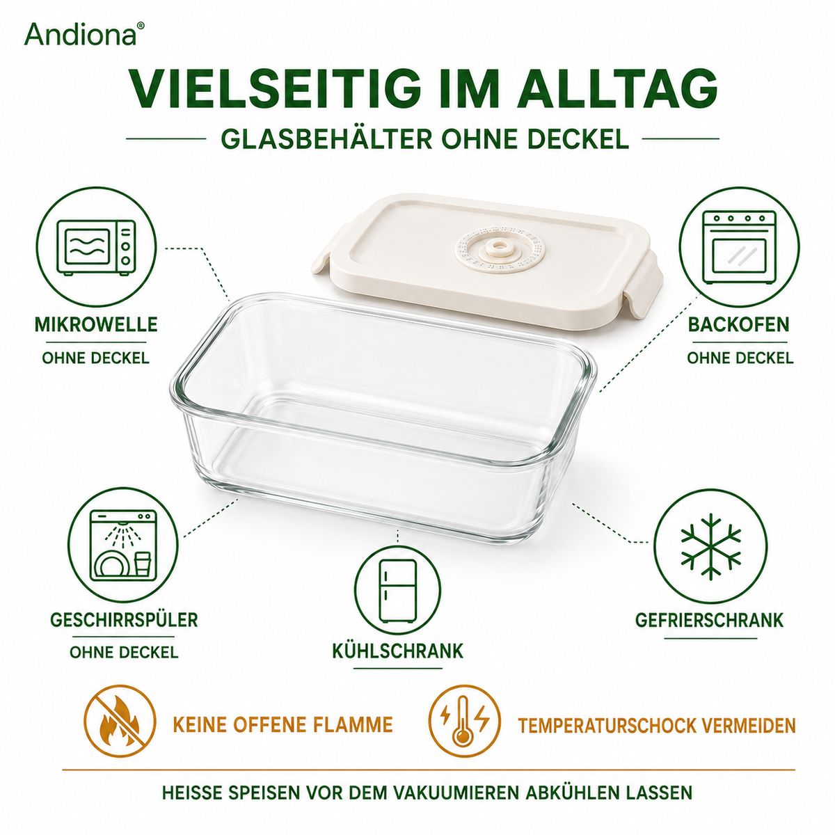 Andiona Glasbehälter ohne Deckel für Backofen und Mikrowelle