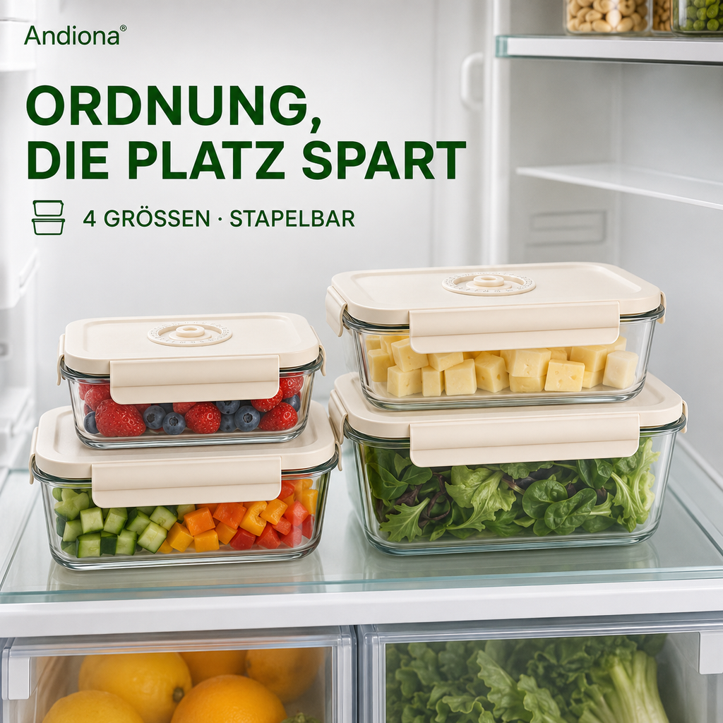 Vier Andiona Vakuum-Glasdosen für Ordnung im Kühlschrank