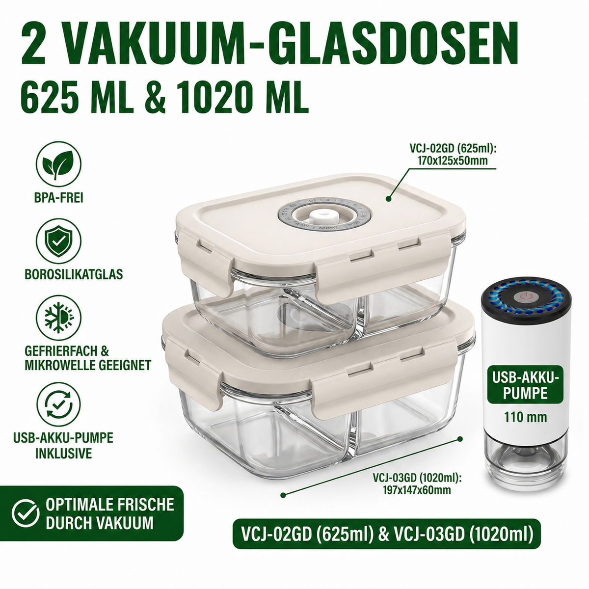 Andiona Meal-Prep 625 + 1020 ml – Mit USB-Akku-Pumpe