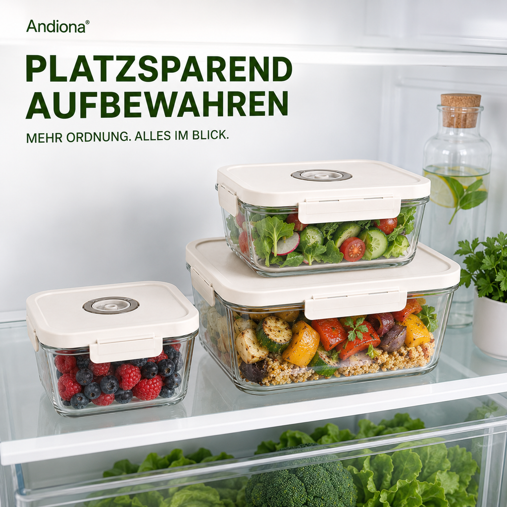 Andiona Vakuum-Glasdosen platzsparend im Kühlschrank gestapelt