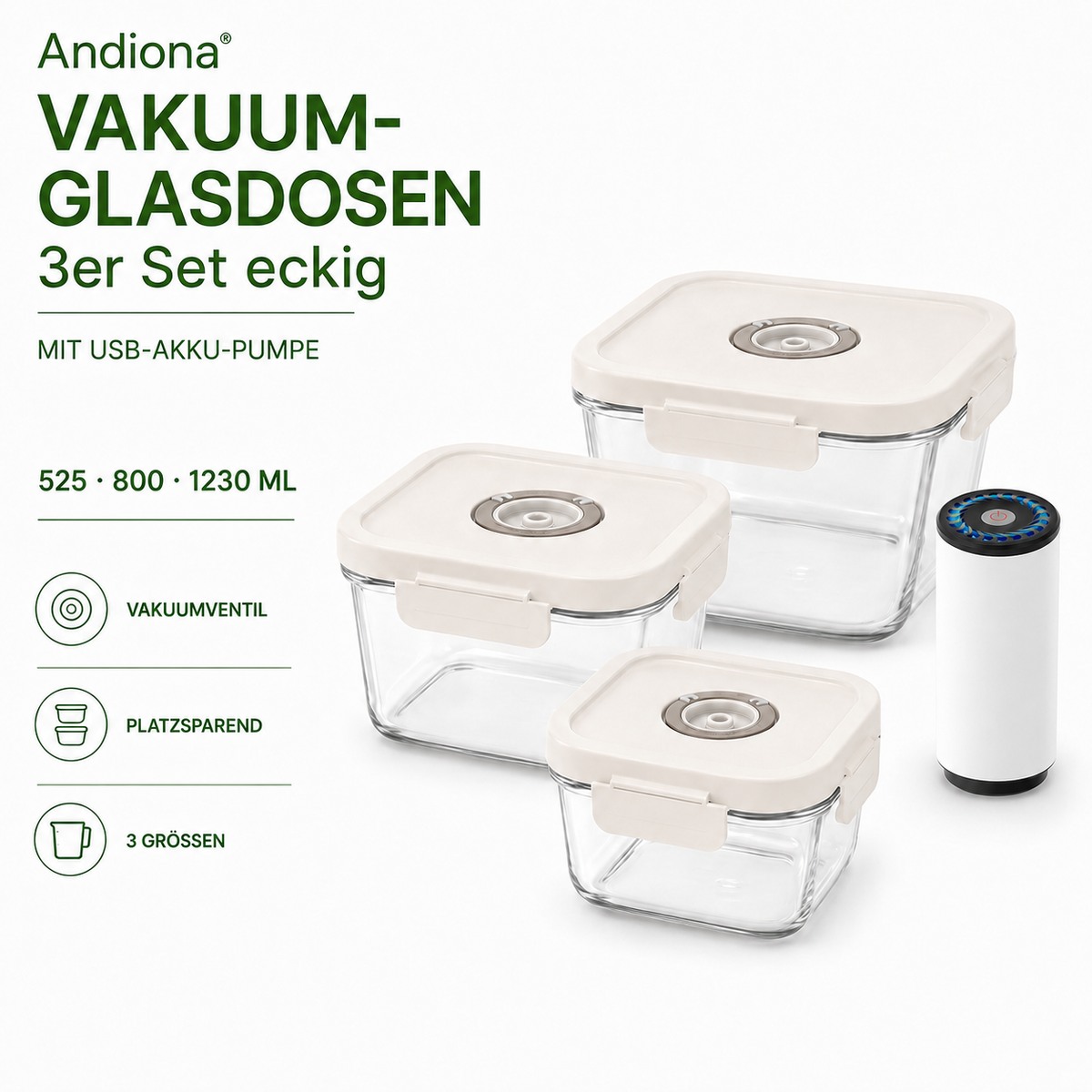 Andiona 3er Set quadratisch – Mit USB-Akku-Pumpe