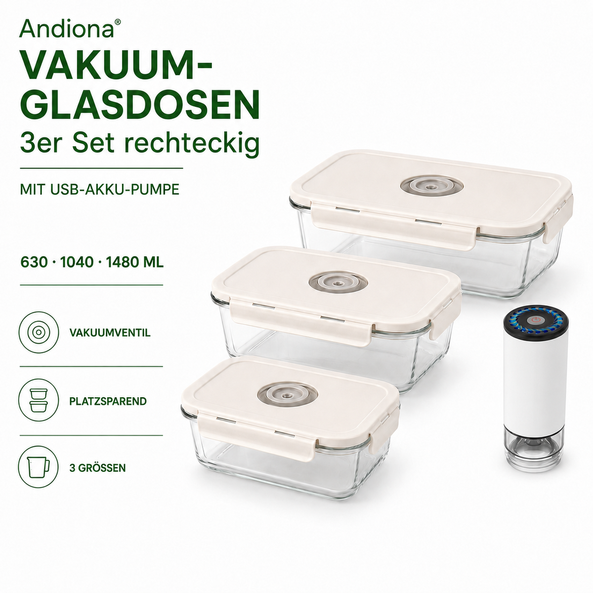 Andiona 3er Set rechteckig – Mit USB-Akku-Pumpe