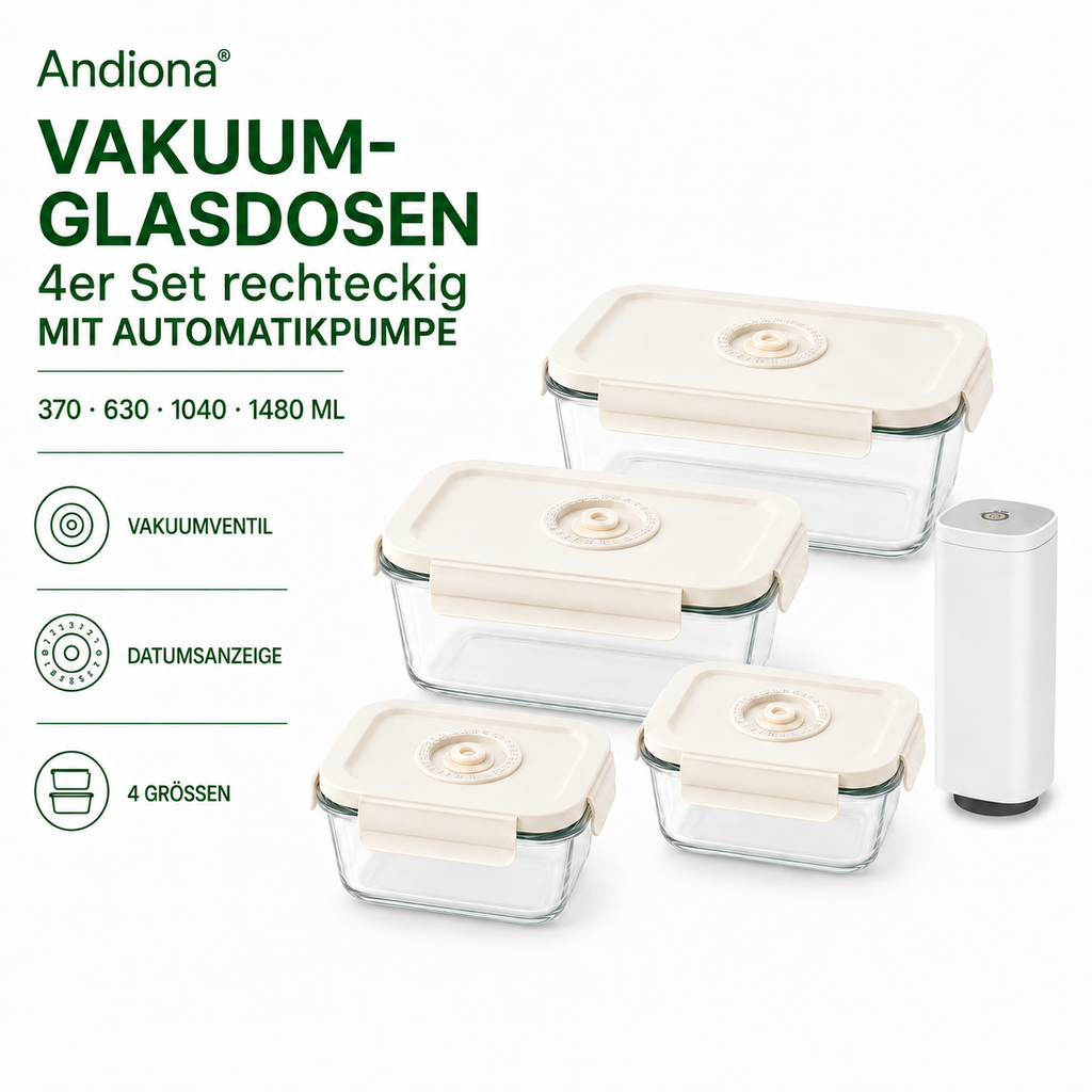 Andiona Vakuum-Glasdosen 4er Set mit automatischer Vakuumpumpe