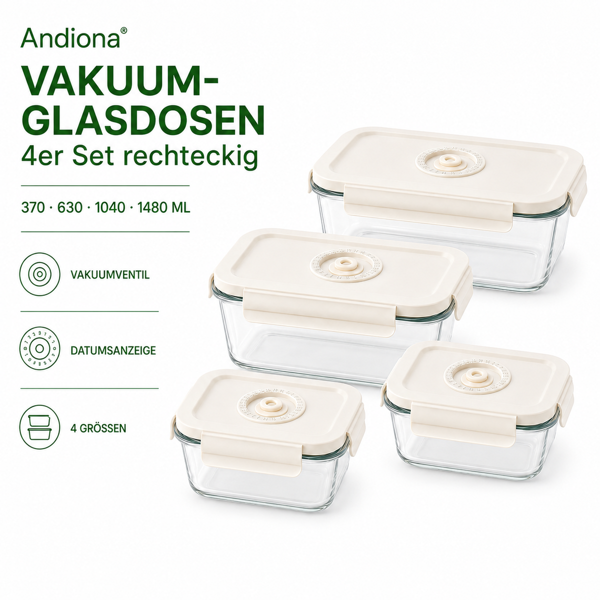 Andiona Vakuum-Glasdosen 4er Set rechteckig ohne Pumpe