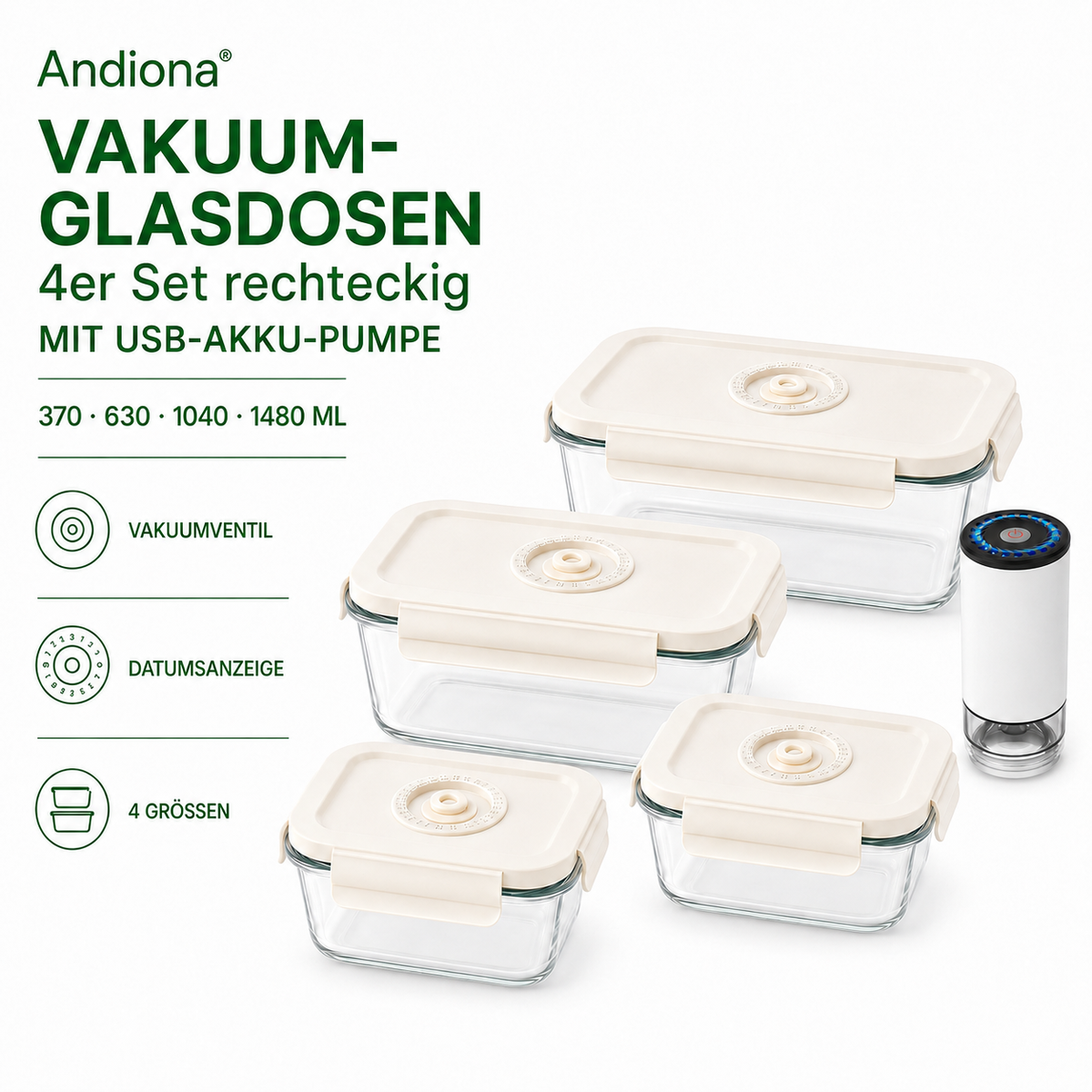Andiona Vakuum-Glasdosen 4er Set mit USB-Akku-Pumpe