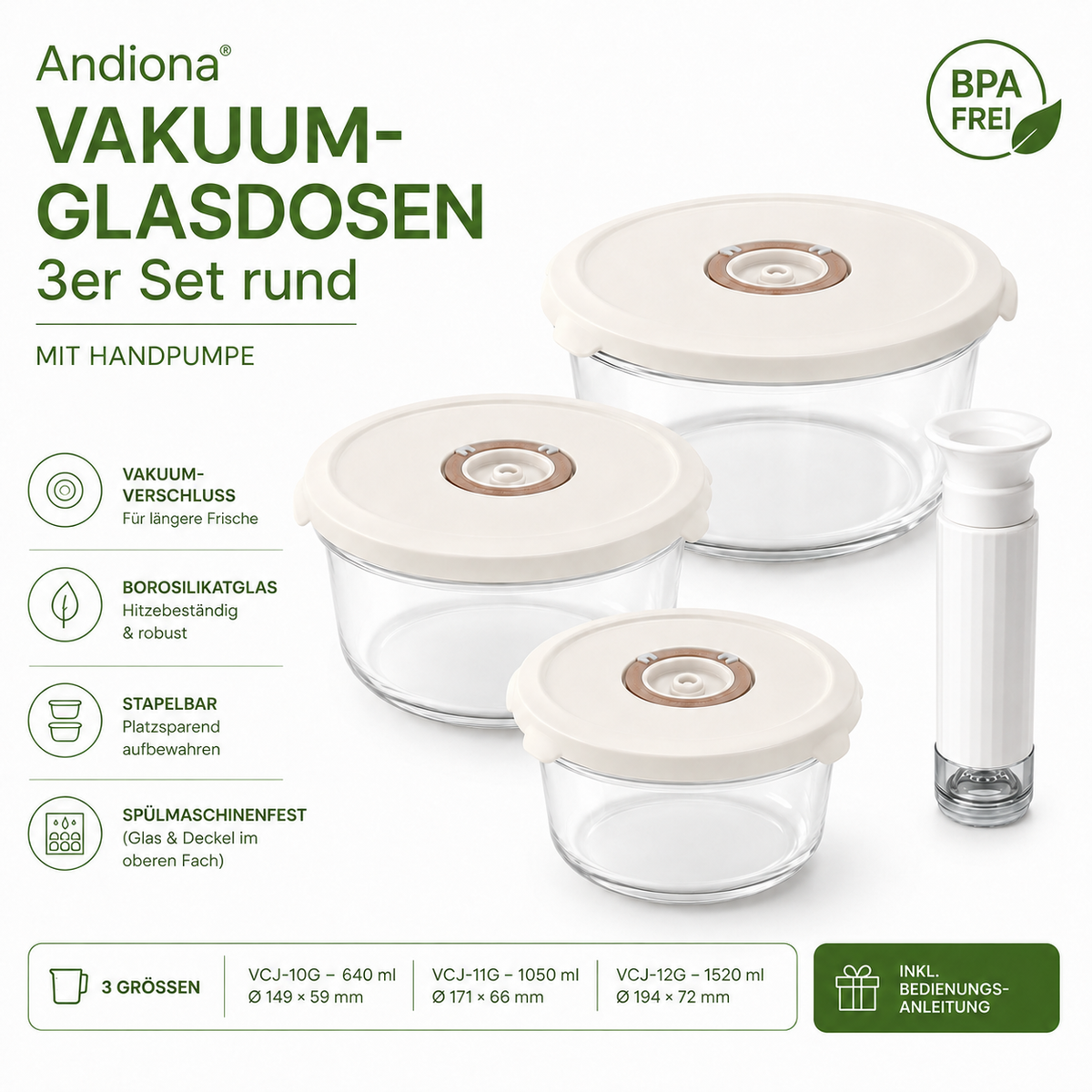 Andiona 3er Set rund – Mit Handpumpe