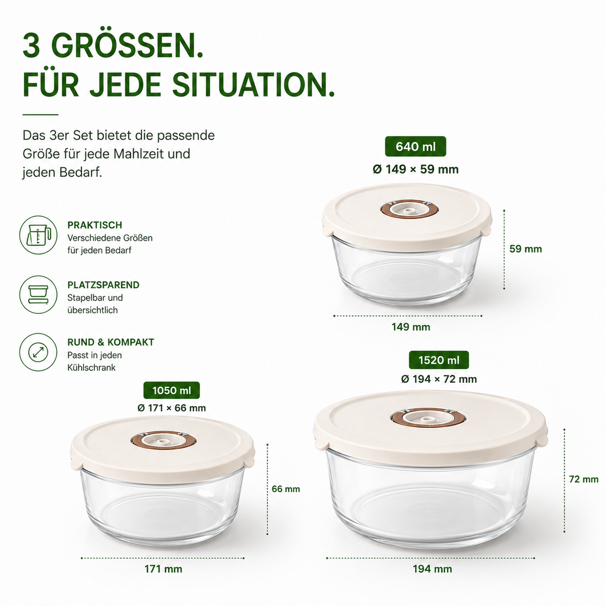 Andiona runde Glasdosen – Größen 640, 1050 und 1520 ml