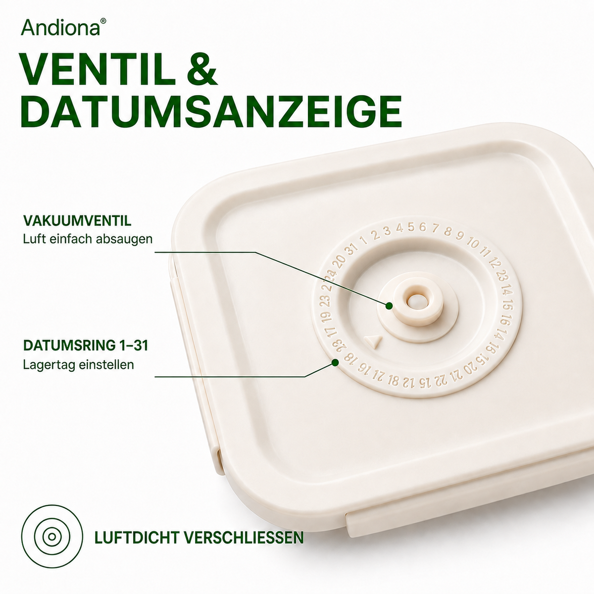 Vakuumventil mit Datumsanzeige auf Andiona Glasdose