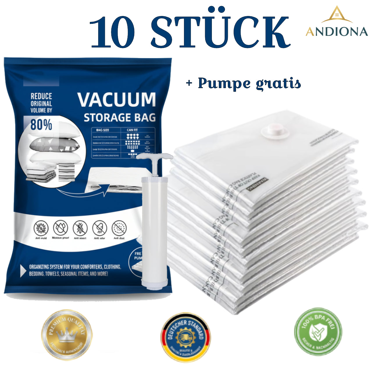 Andiona Premium Vakuumbeutel Set [10 Stk. + Handpumpe]